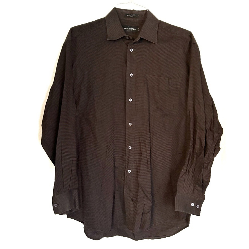 Wayne Gretzky Mens 100% Cotton Brown Striped Button Up Dress Shirt Pocket Medium